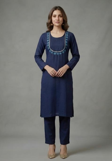 Blue Embroidered Rayon Palazzo Set