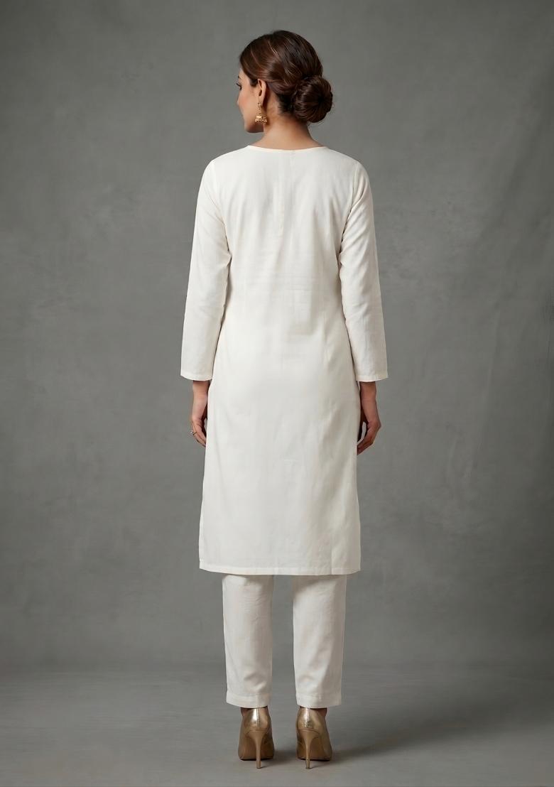 White Embroidered Rayon Palazzo Set - Indya