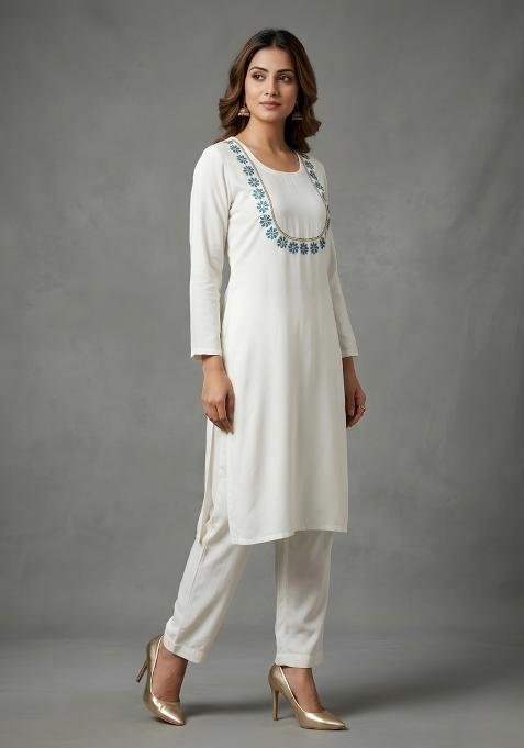 White Embroidered Rayon Palazzo Set