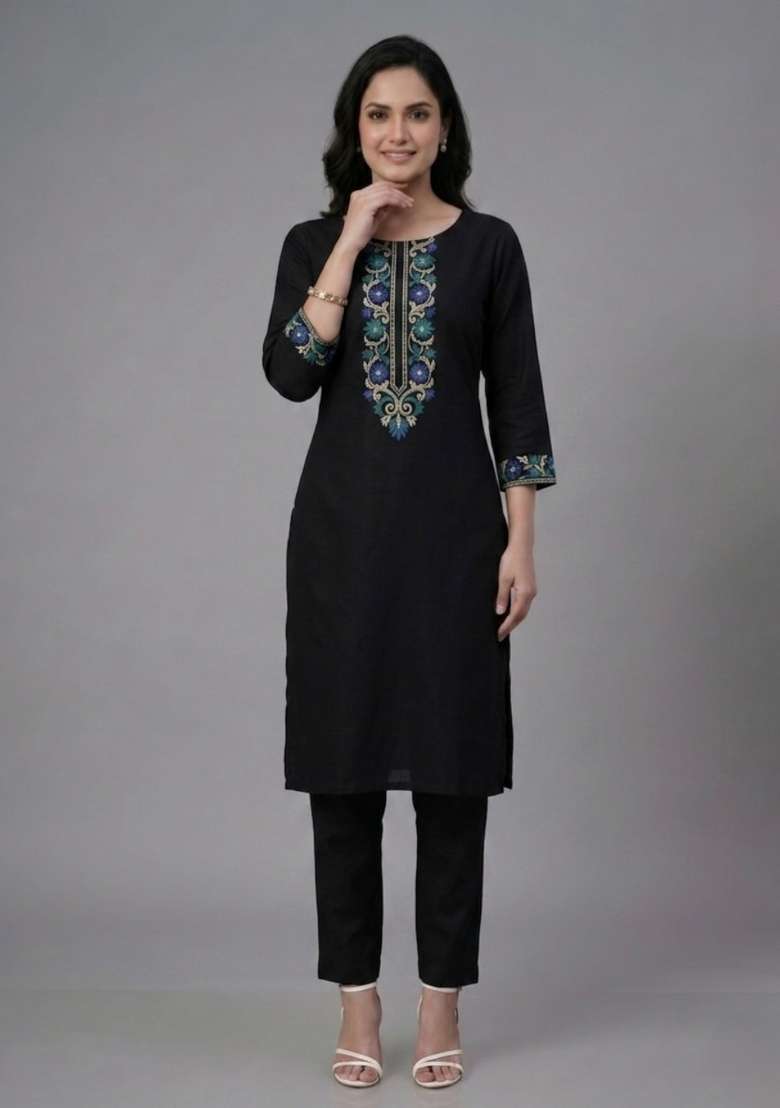 Black Embroidered Rayon Palazzo Set - Indya