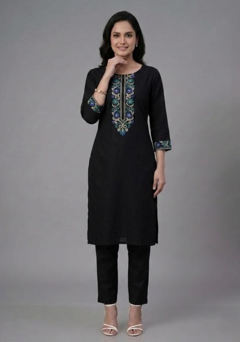 Black Embroidered Rayon Palazzo Set