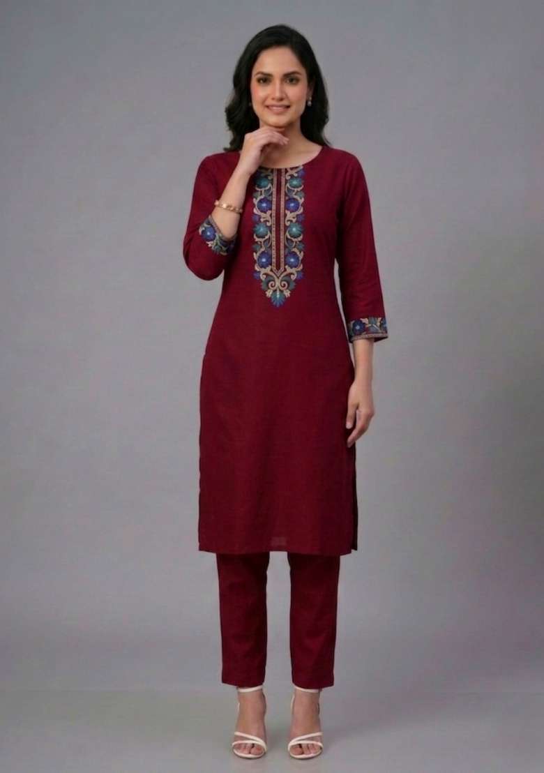 Maroon Embroidered Rayon Palazzo Set - Indya