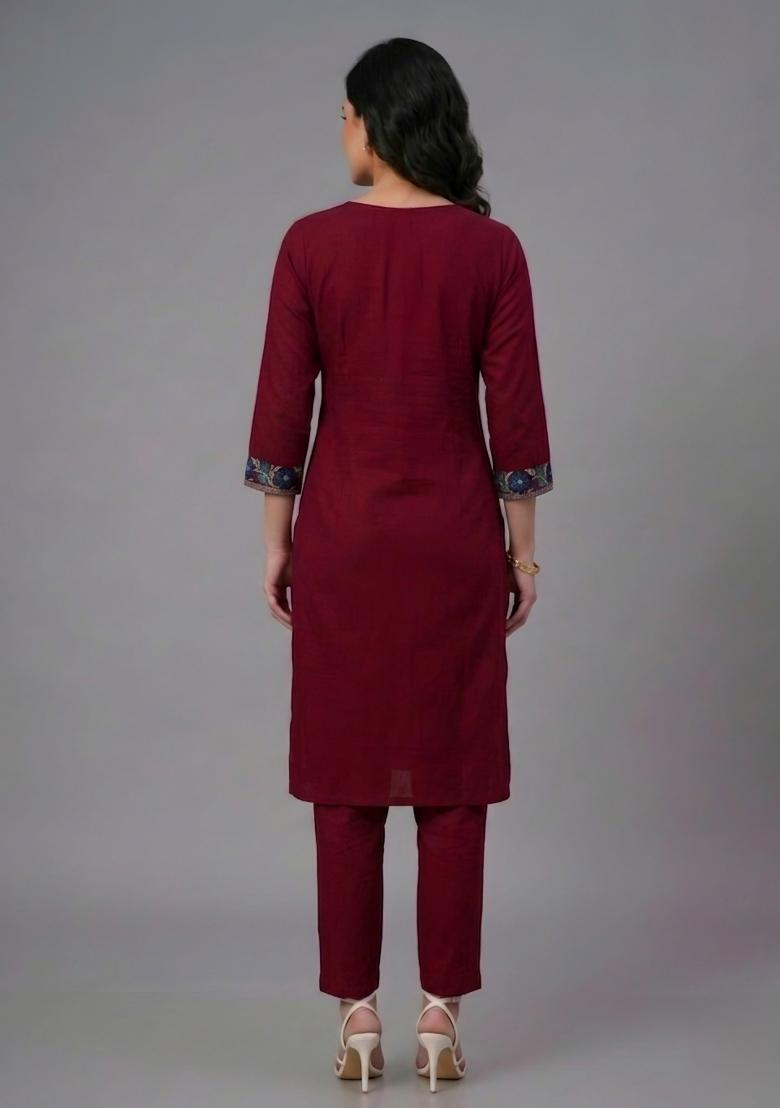 Maroon Embroidered Rayon Palazzo Set - Indya