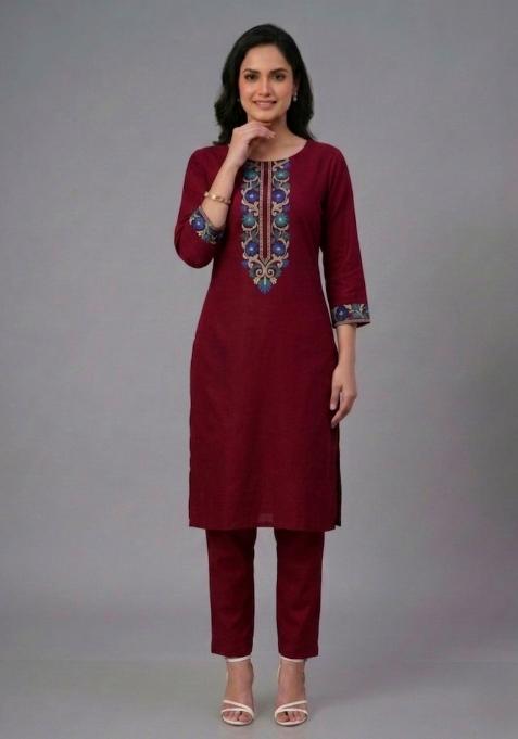 Maroon Embroidered Rayon Palazzo Set