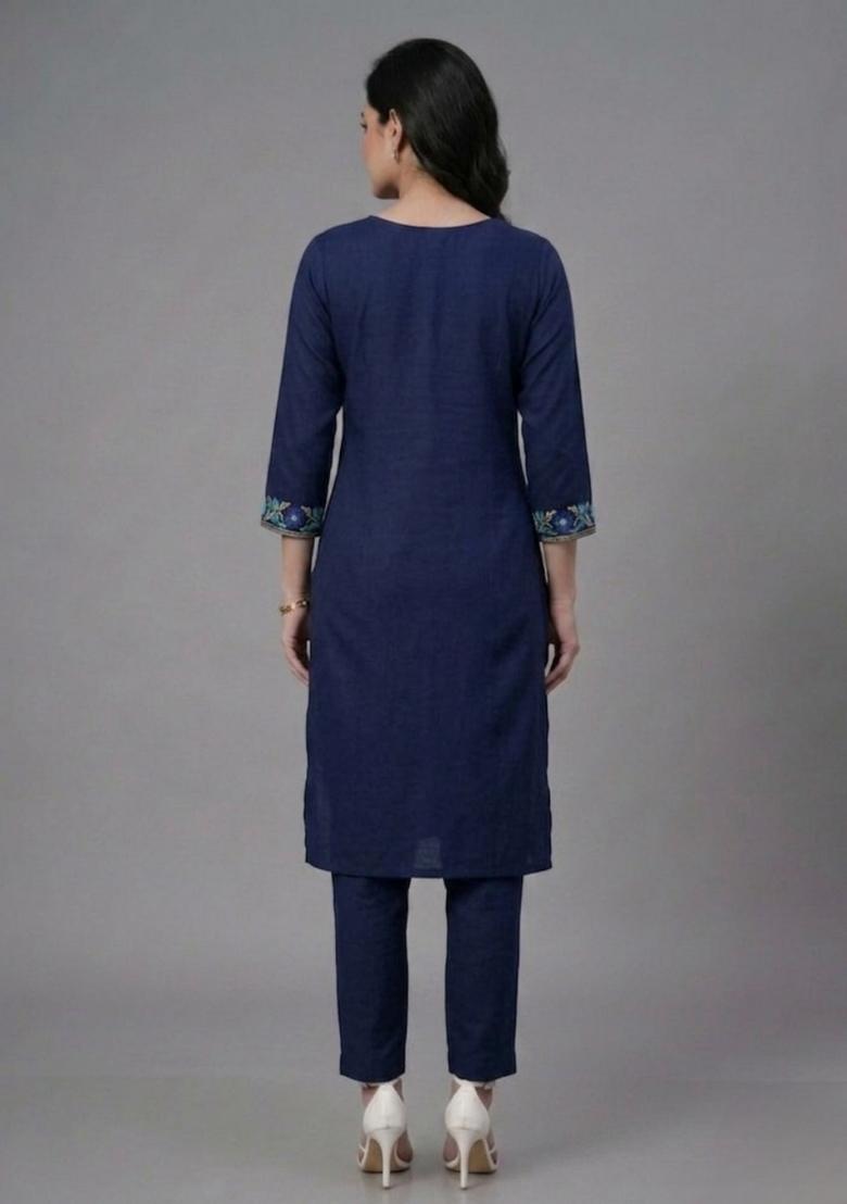 Blue Embroidered Rayon Palazzo Set - Indya