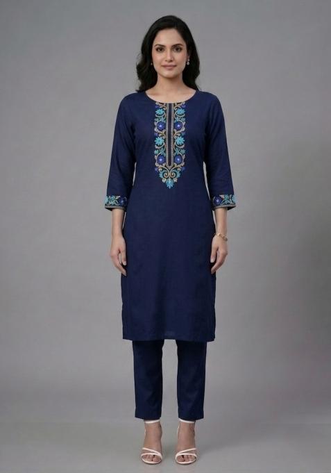 Blue Embroidered Rayon Palazzo Set