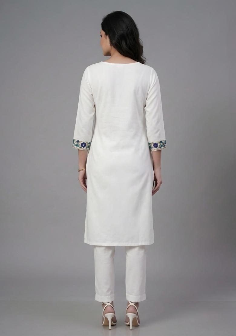 White Embroidered Rayon Palazzo Set - Indya