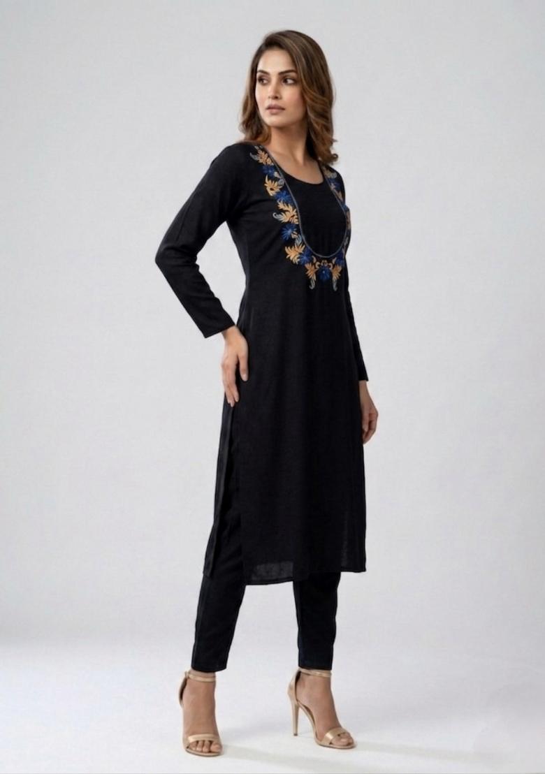 Black Embroidered Rayon Palazzo Set - Indya