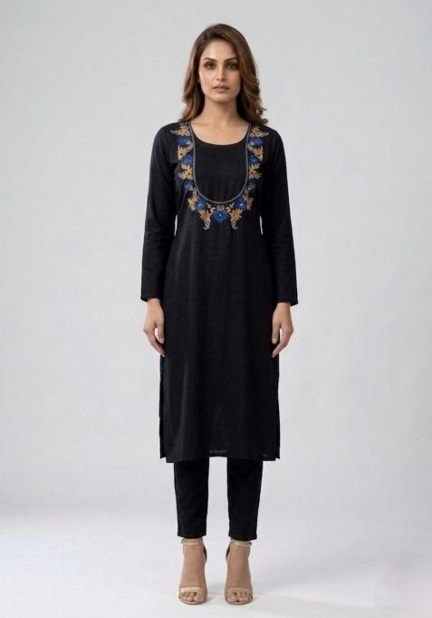 Black Embroidered Rayon Palazzo Set