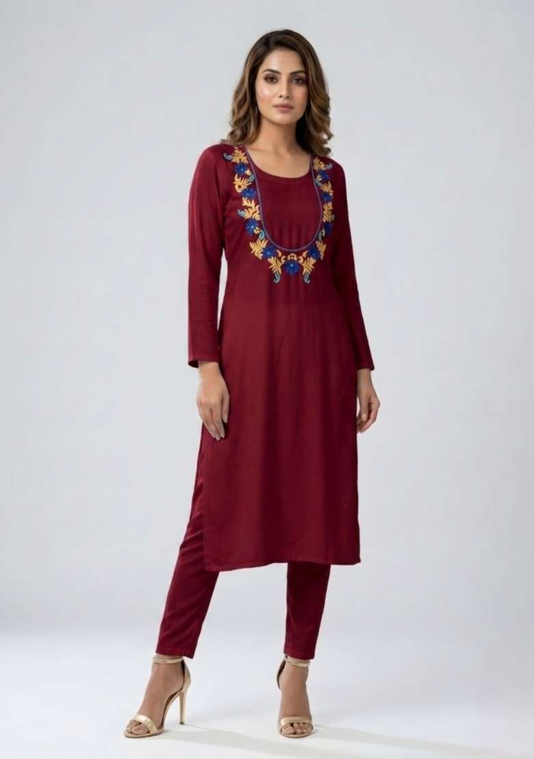 Maroon Embroidered Rayon Palazzo Set - Indya
