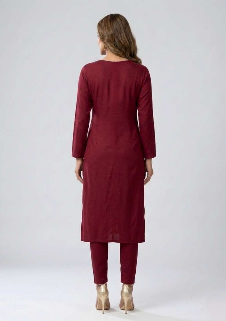 Maroon Embroidered Rayon Palazzo Set - Indya