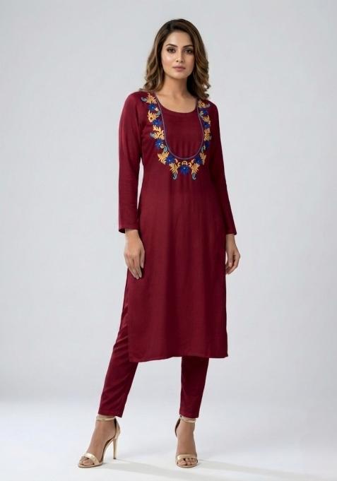 Maroon Embroidered Rayon Palazzo Set