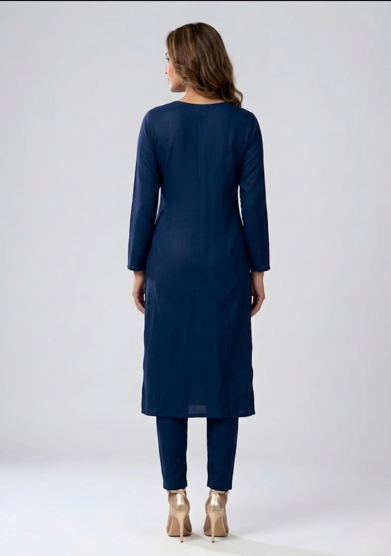 Blue Embroidered Rayon Palazzo Set - Indya