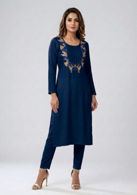 Blue Embroidered Rayon Palazzo Set