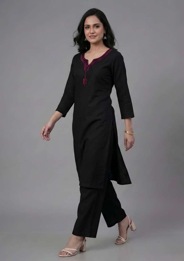 Black Embroidered Rayon Palazzo Set - Indya