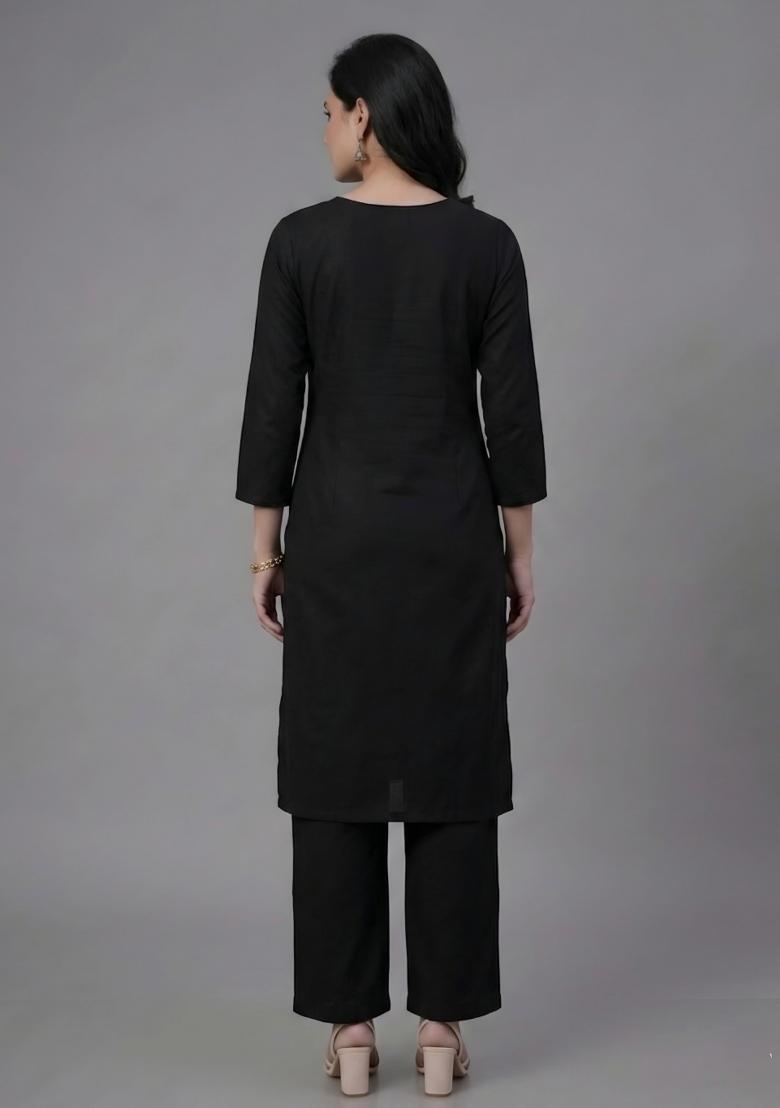 Black Embroidered Rayon Palazzo Set - Indya
