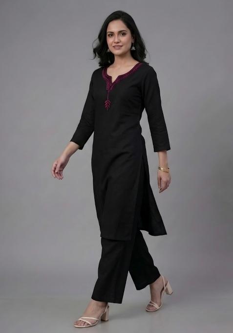 Black Embroidered Rayon Palazzo Set
