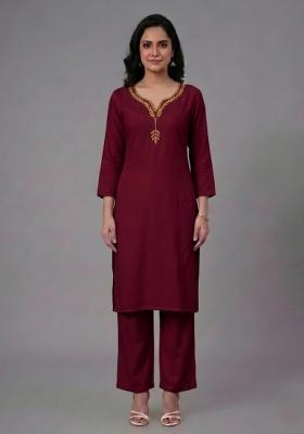 Maroon Embroidered Rayon Palazzo Set
