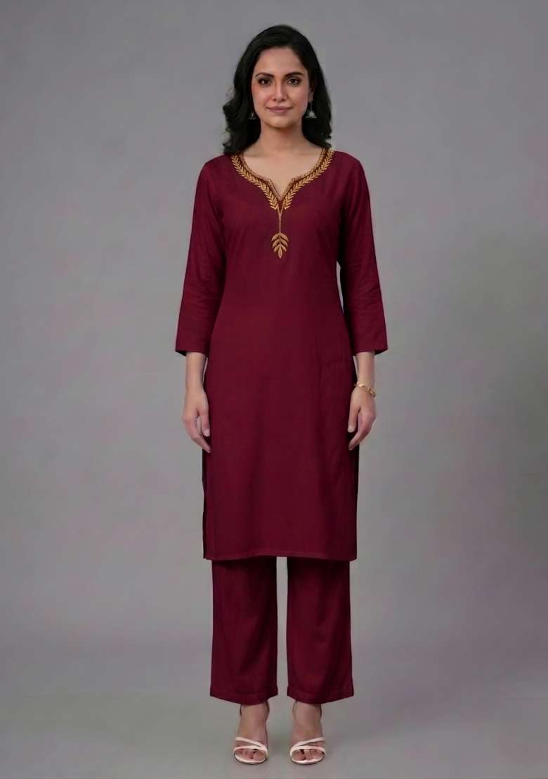 Maroon Embroidered Rayon Palazzo Set - Indya