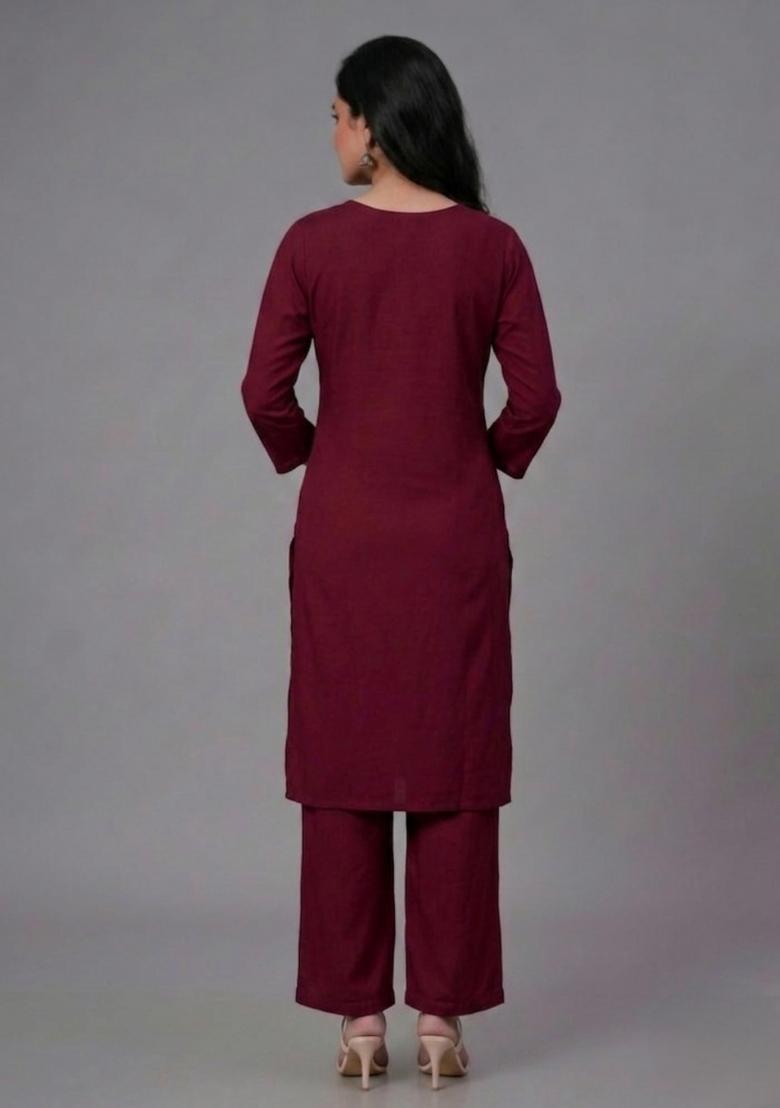 Maroon Embroidered Rayon Palazzo Set - Indya