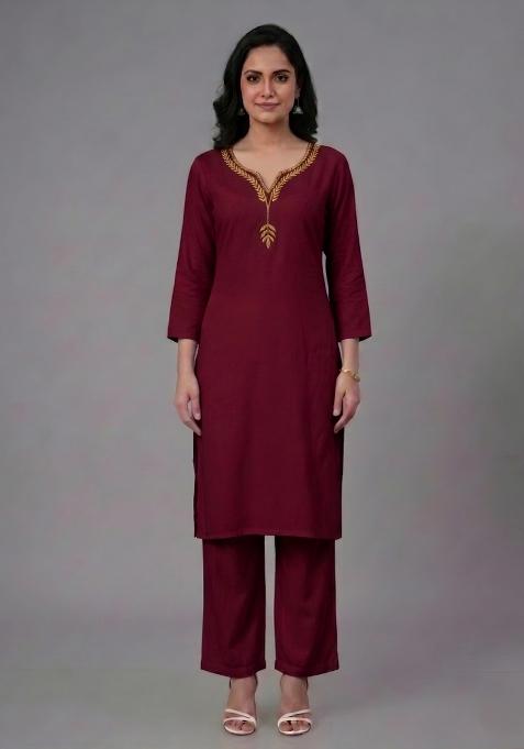 Maroon Embroidered Rayon Palazzo Set