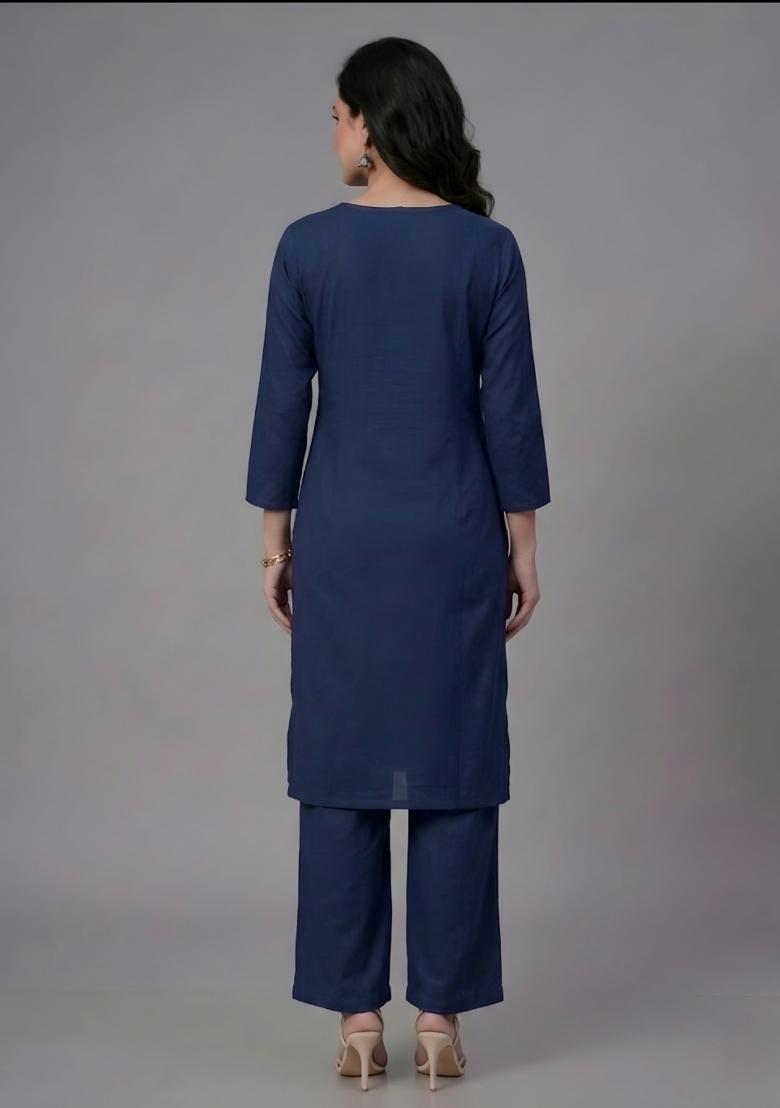 Blue Embroidered Rayon Palazzo Set - Indya