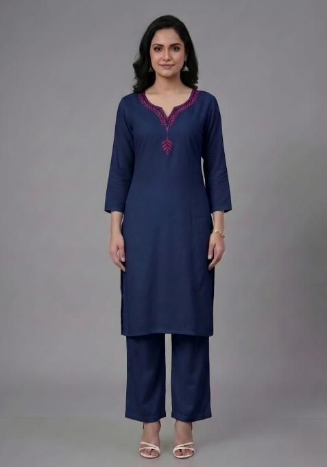 Blue Embroidered Rayon Palazzo Set