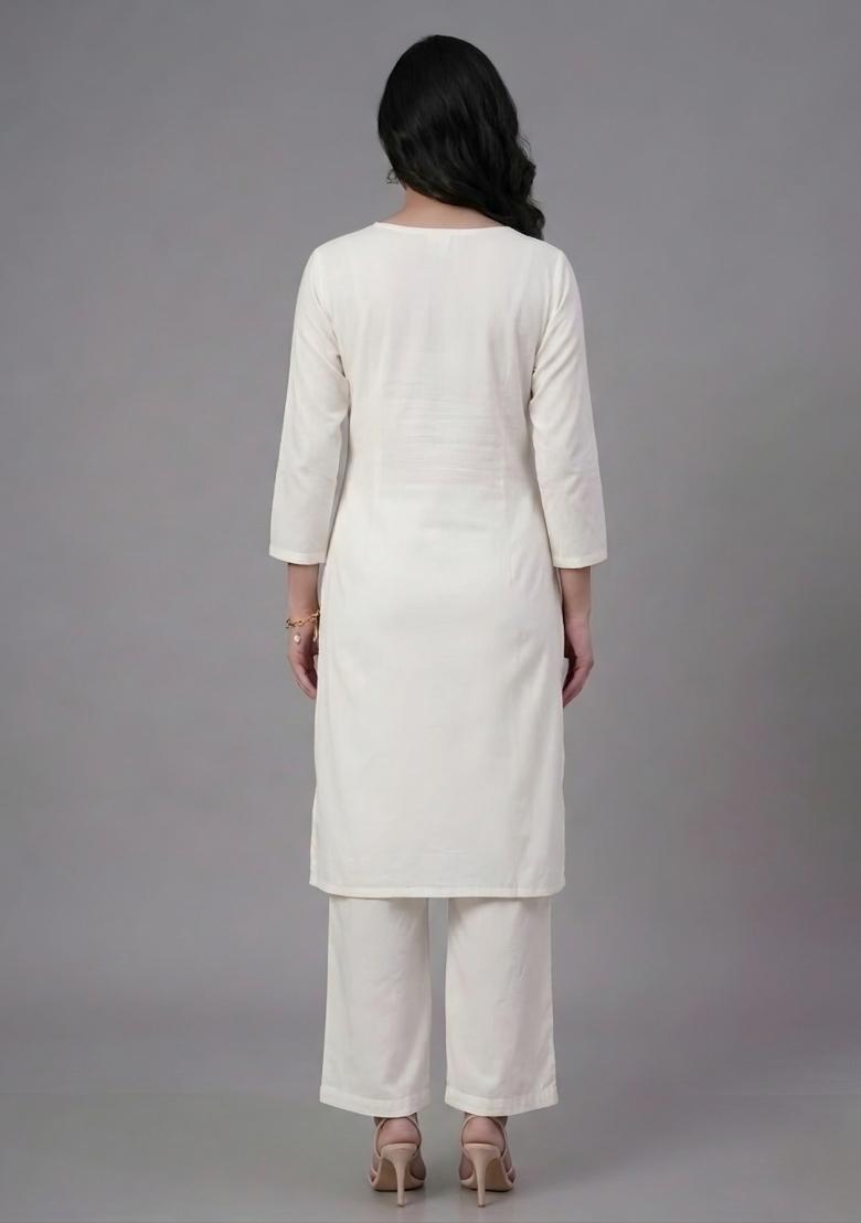 White Embroidered Rayon Palazzo Set - Indya