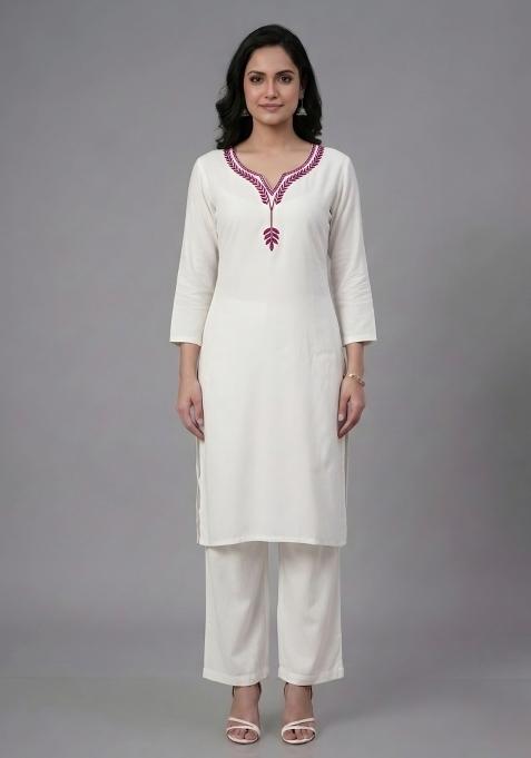 White Embroidered Rayon Palazzo Set