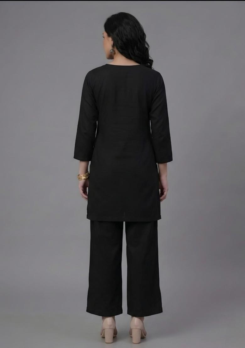 Black Embroidered Rayon Palazzo Set - Indya