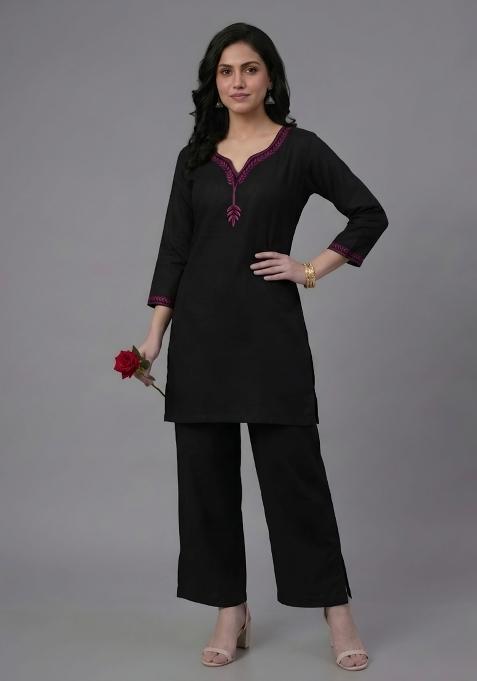 Black Embroidered Rayon Palazzo Set
