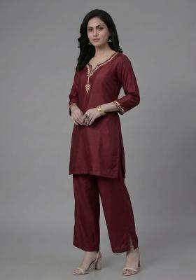 Maroon Embroidered Rayon Palazzo Set