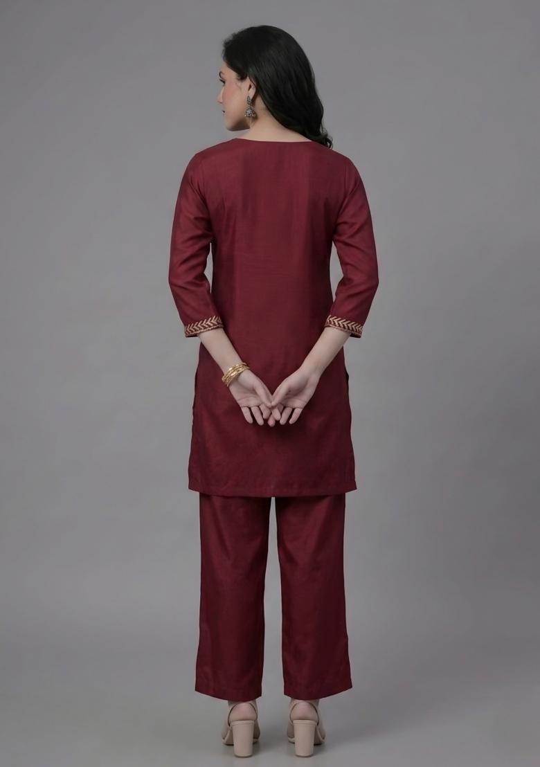 Maroon Embroidered Rayon Palazzo Set - Indya