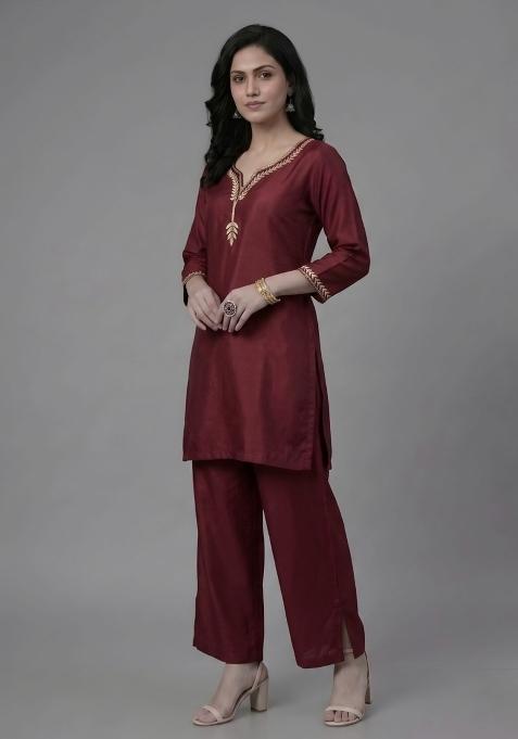Maroon Embroidered Rayon Palazzo Set