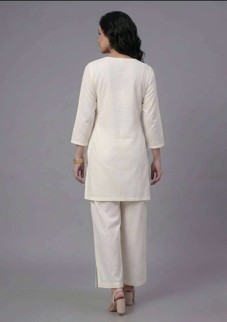 White Embroidered Rayon Palazzo Set - Indya