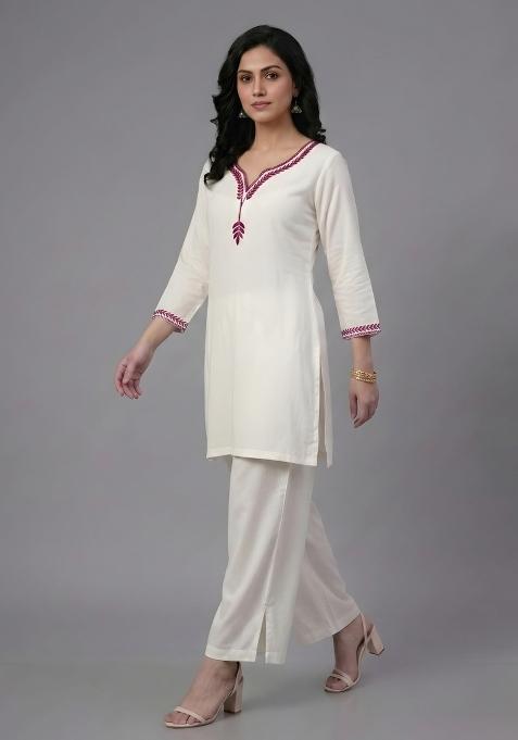 White Embroidered Rayon Palazzo Set