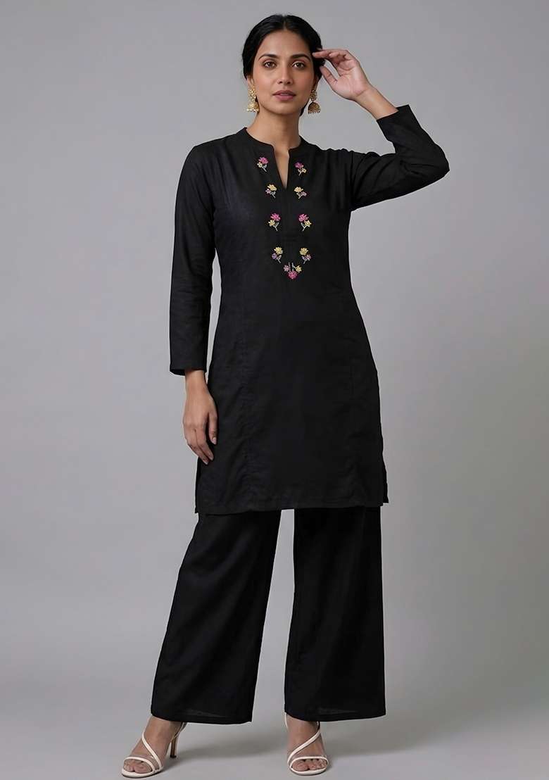 Black Embroidered Rayon Palazzo Set - Indya