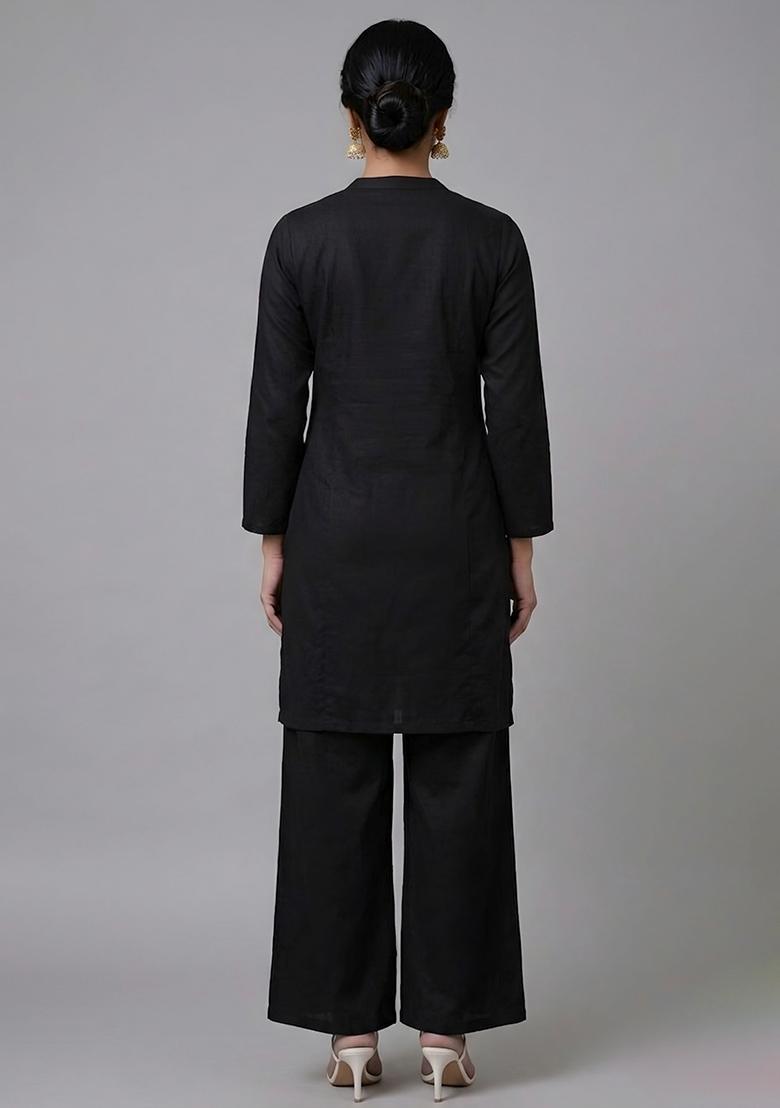 Black Embroidered Rayon Palazzo Set - Indya