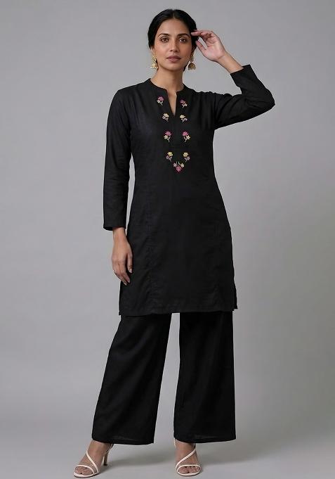 Black Embroidered Rayon Palazzo Set