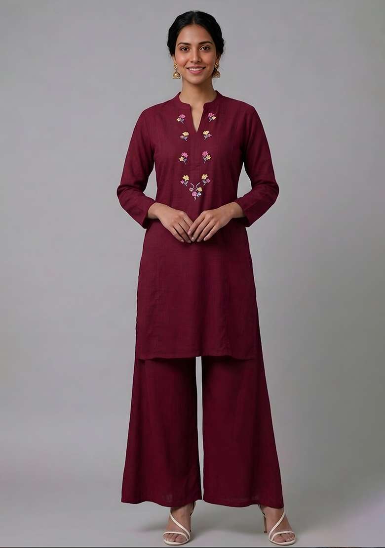 Maroon Embroidered Rayon Palazzo Set - Indya