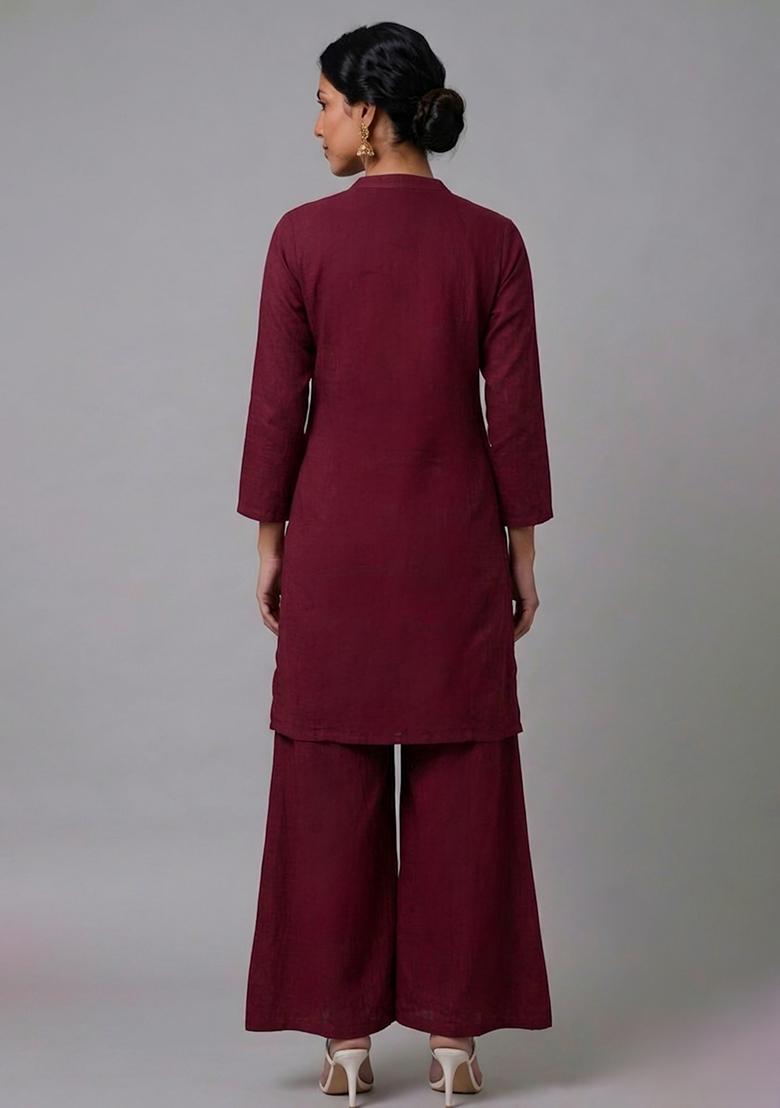 Maroon Embroidered Rayon Palazzo Set - Indya