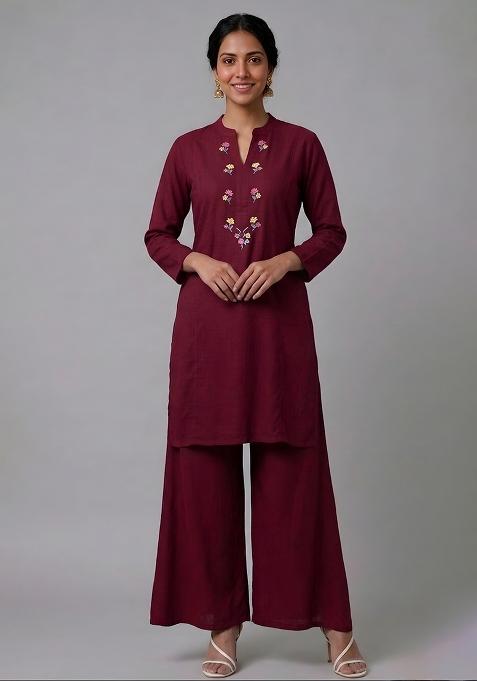 Maroon Embroidered Rayon Palazzo Set