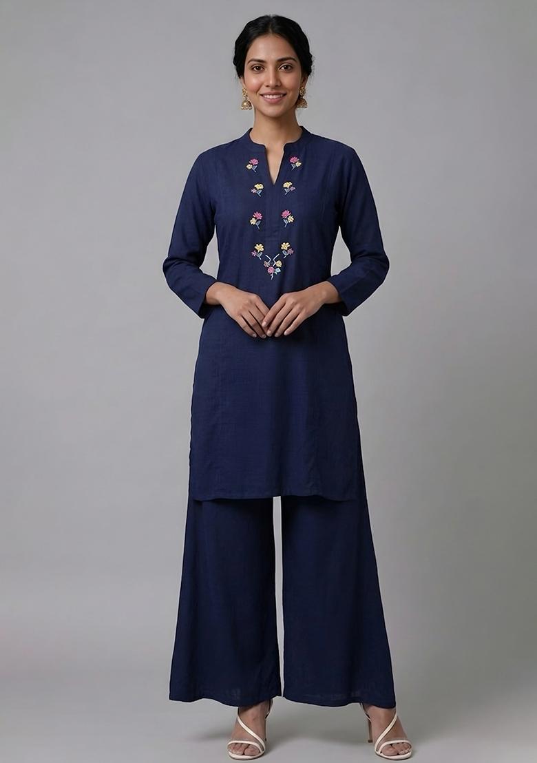 Blue Embroidered Rayon Palazzo Set - Indya