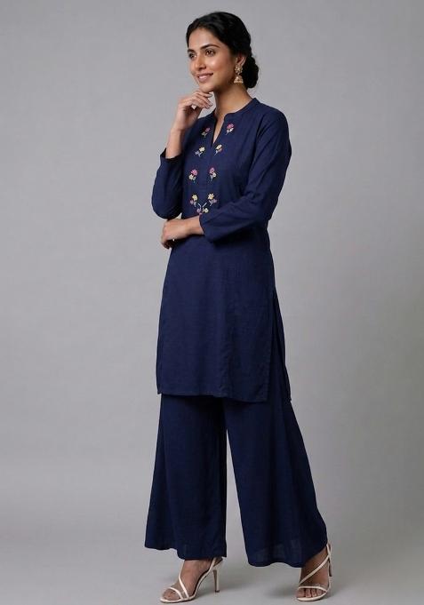 Blue Embroidered Rayon Palazzo Set