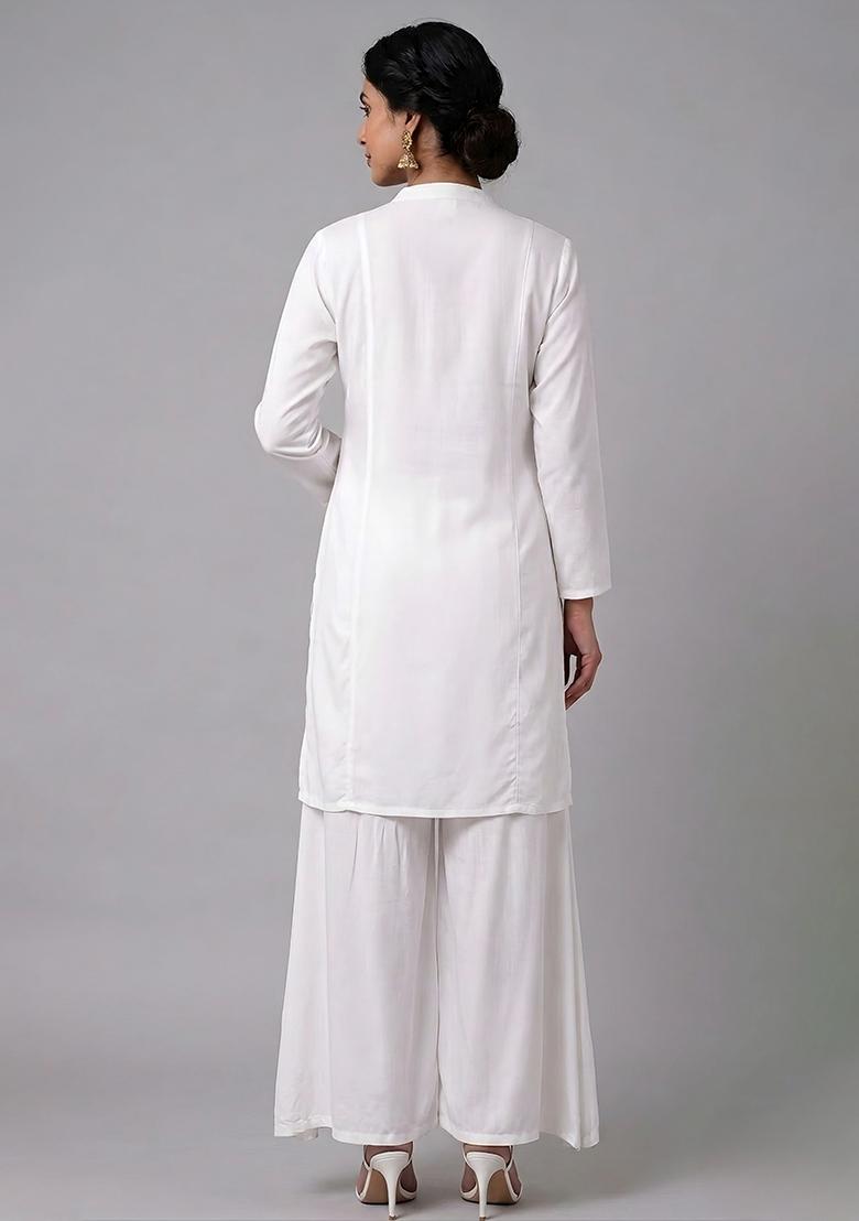 White Embroidered Rayon Palazzo Set - Indya