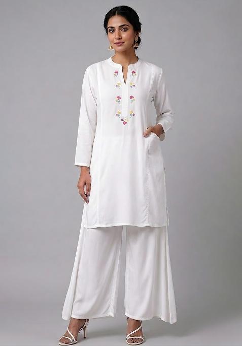 White Embroidered Rayon Palazzo Set