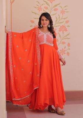 Orange Embroidered Georgette Anarkali With Dupatta
