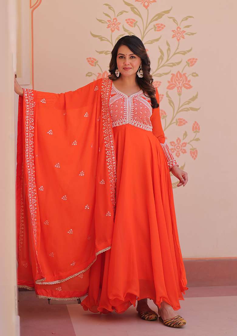 Orange Embroidered Georgette Anarkali With Dupatta - Indya