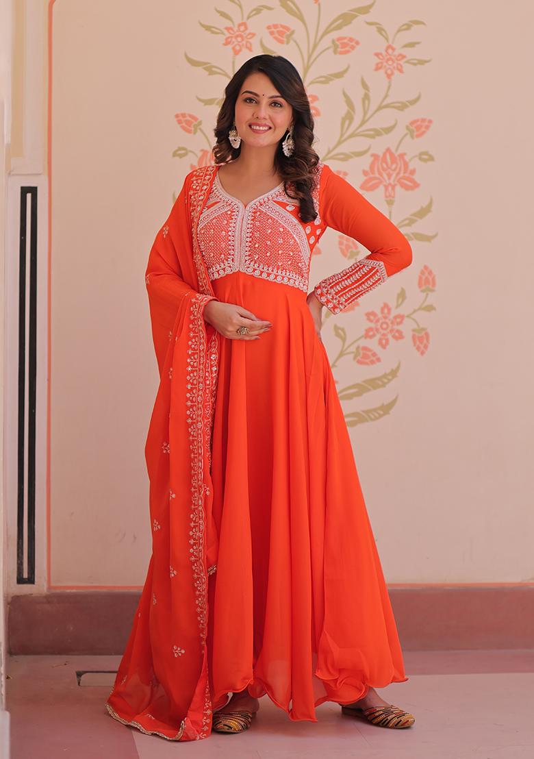 Orange Embroidered Georgette Anarkali With Dupatta - Indya