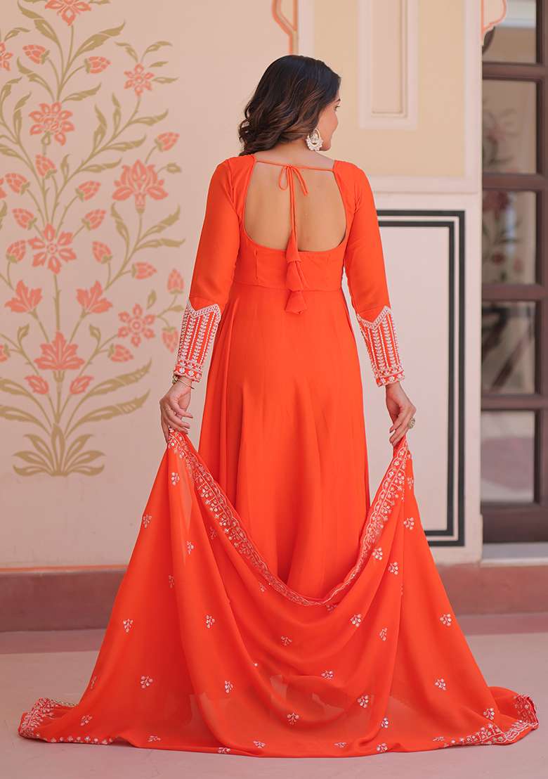 Orange Embroidered Georgette Anarkali With Dupatta - Indya